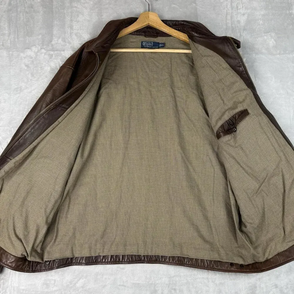 Polo Ralph Lauren Genuine Leather Jacket Brown Full Zip Vintage Men Sz XXL Rare